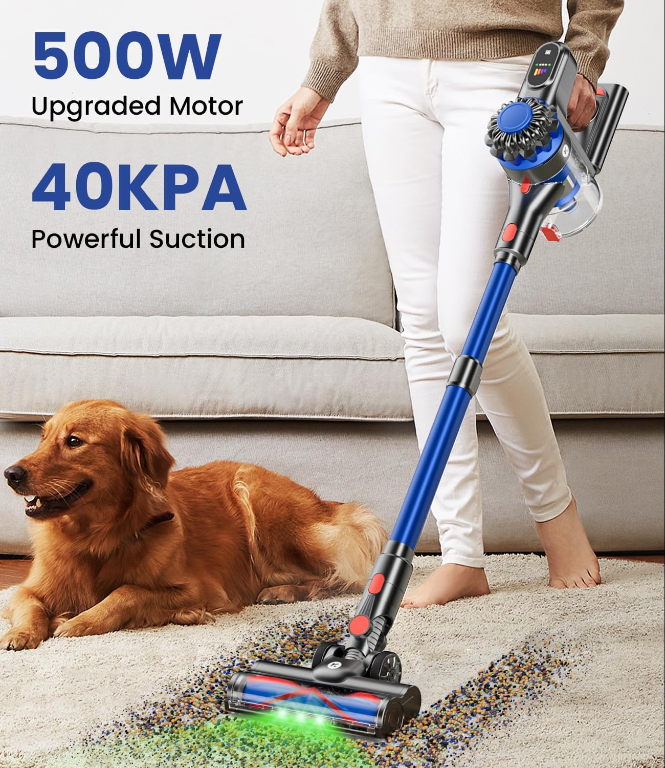 Cordless Vacuum Cleaner, 500W/40Kpa Vacuum Cleaners for Home, 60Mins Stick Vacuum with LED Display