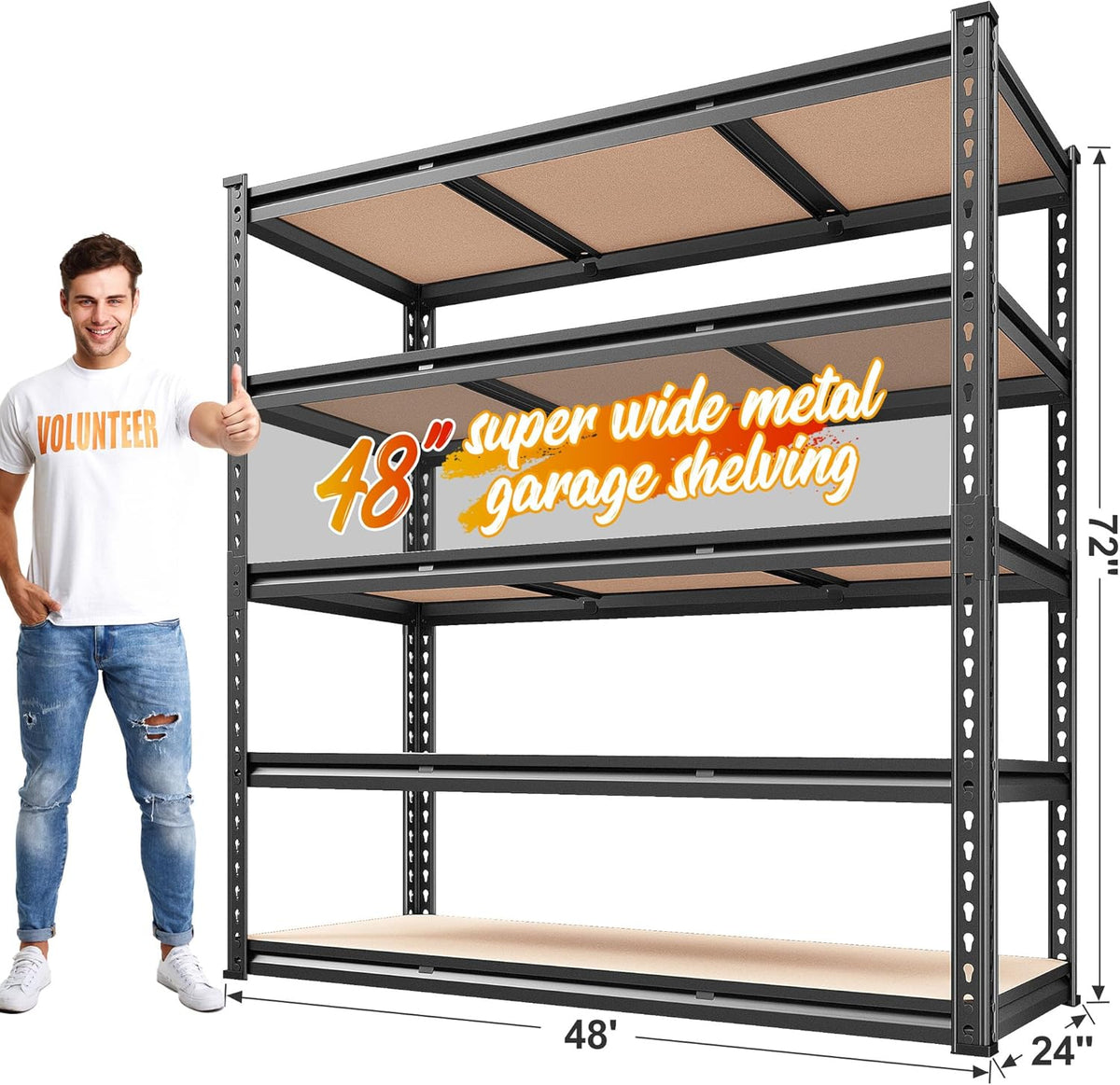 REIBII 48" W Garage Shelving Heavy Duty 3020LBS Storage Shelves 5 Tier Heavy Duty Shelving