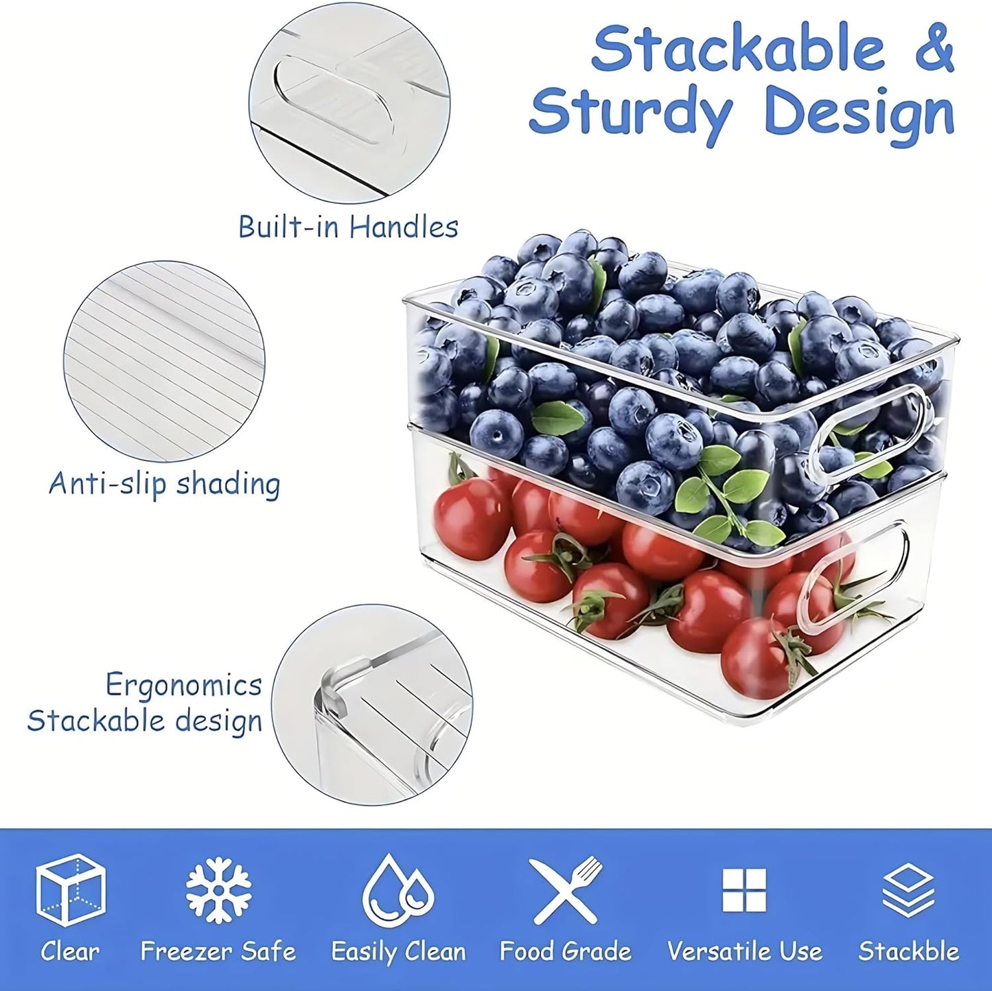 6 Pack Refrigerator Organizer Bins,3 Sizes Clear Pantry Storage with Handles and 30 PCS Plastic