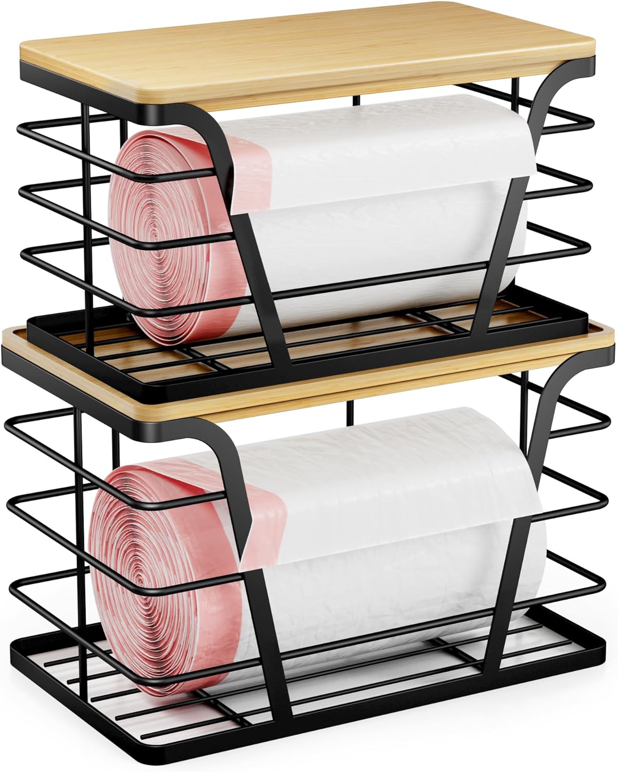 2 Pack Stackable Storage Laundry Kitchen Organizers, Wall Mount Trash Bag Holder with Bamboo Top