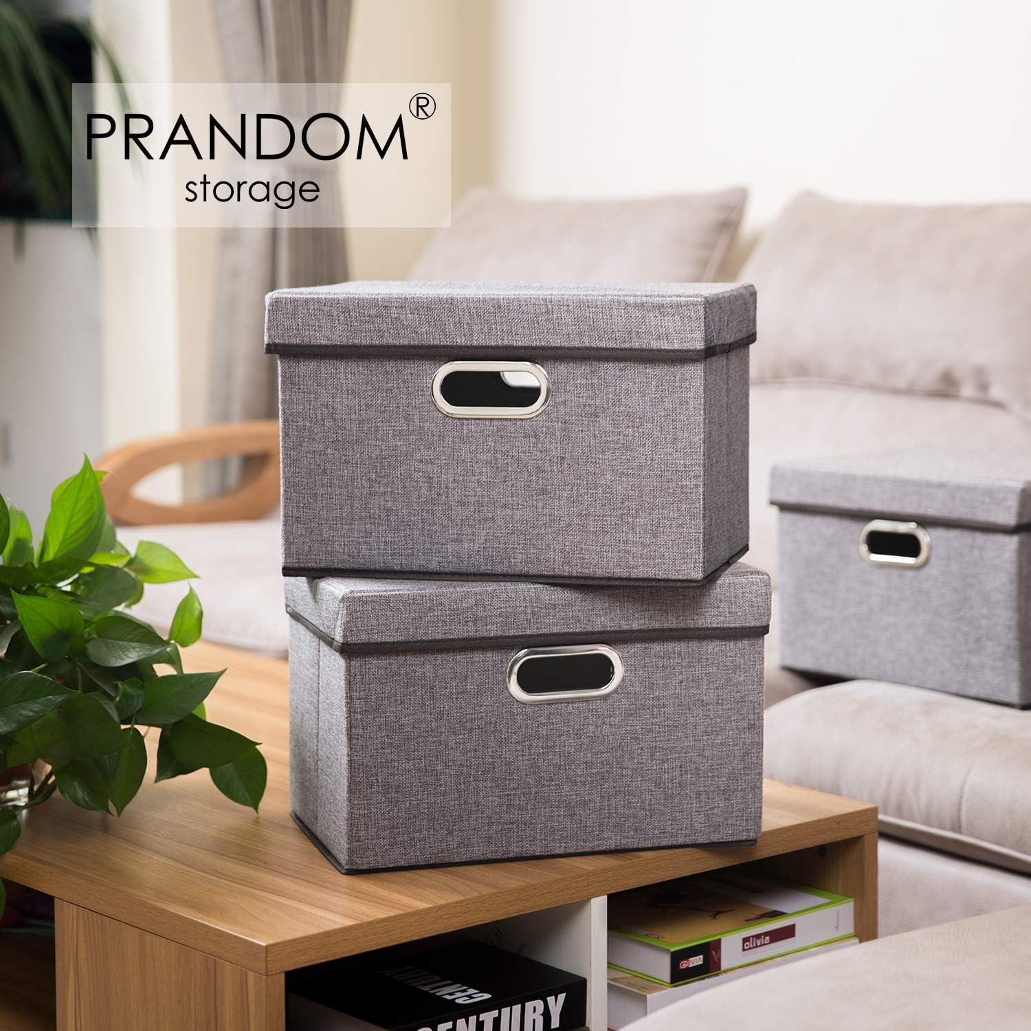 PRANDOM Foldable Storage Boxes with Lids [3-Pack] Linen Fabric Collapsible Storage Bins Organizer