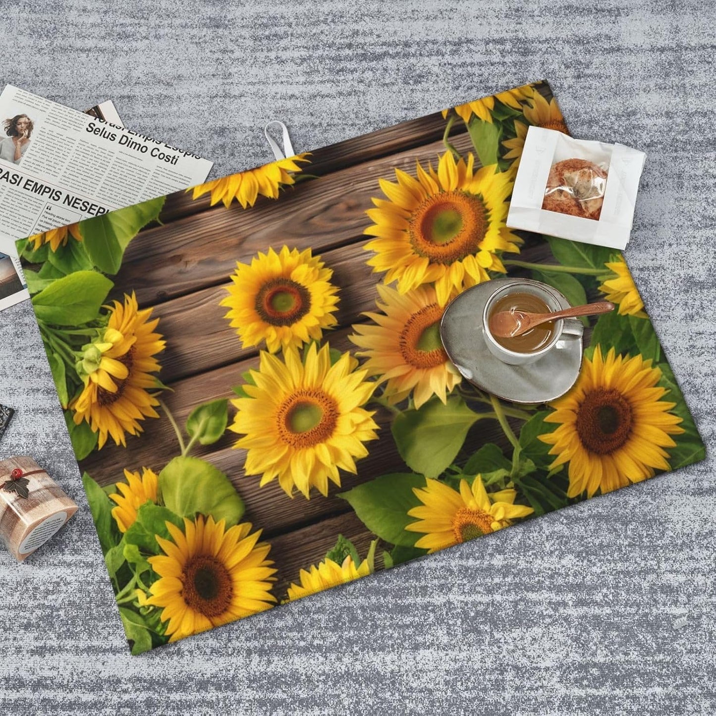Sunflower Dish Drying Mat for Kitchen Counter Protector and Decoration Super Absorbent Double Sided