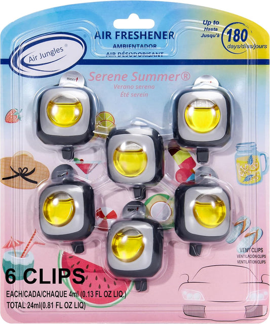Air Jungles Serene Summer Scent Car Air Freshener Clip, 6 Vent Clips, 4ml Each, Long Lasting Air