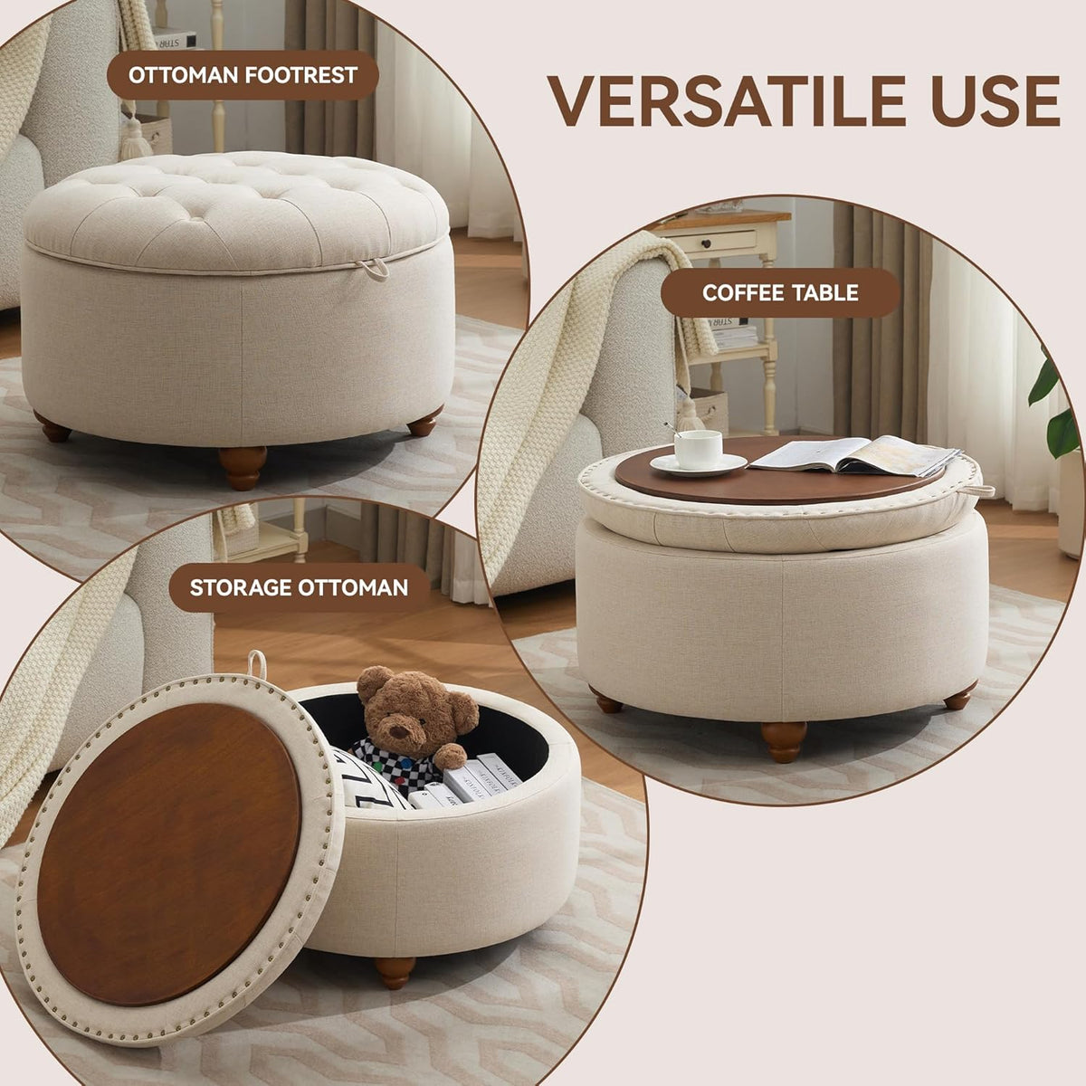 30Inch Round Storage Ottoman with Tray, Modern Tufted Fabric Circle Coffee Table with Storage