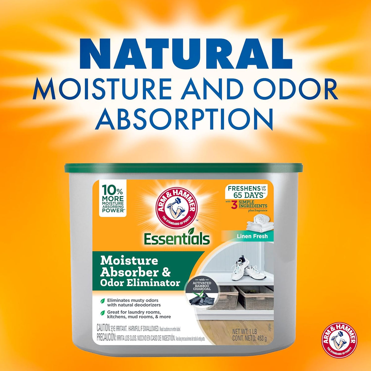 Arm & Hammer Essentials Disposable Moisture Absorber and Odor Eliminator Tub, Linen Fresh, 1 lb.