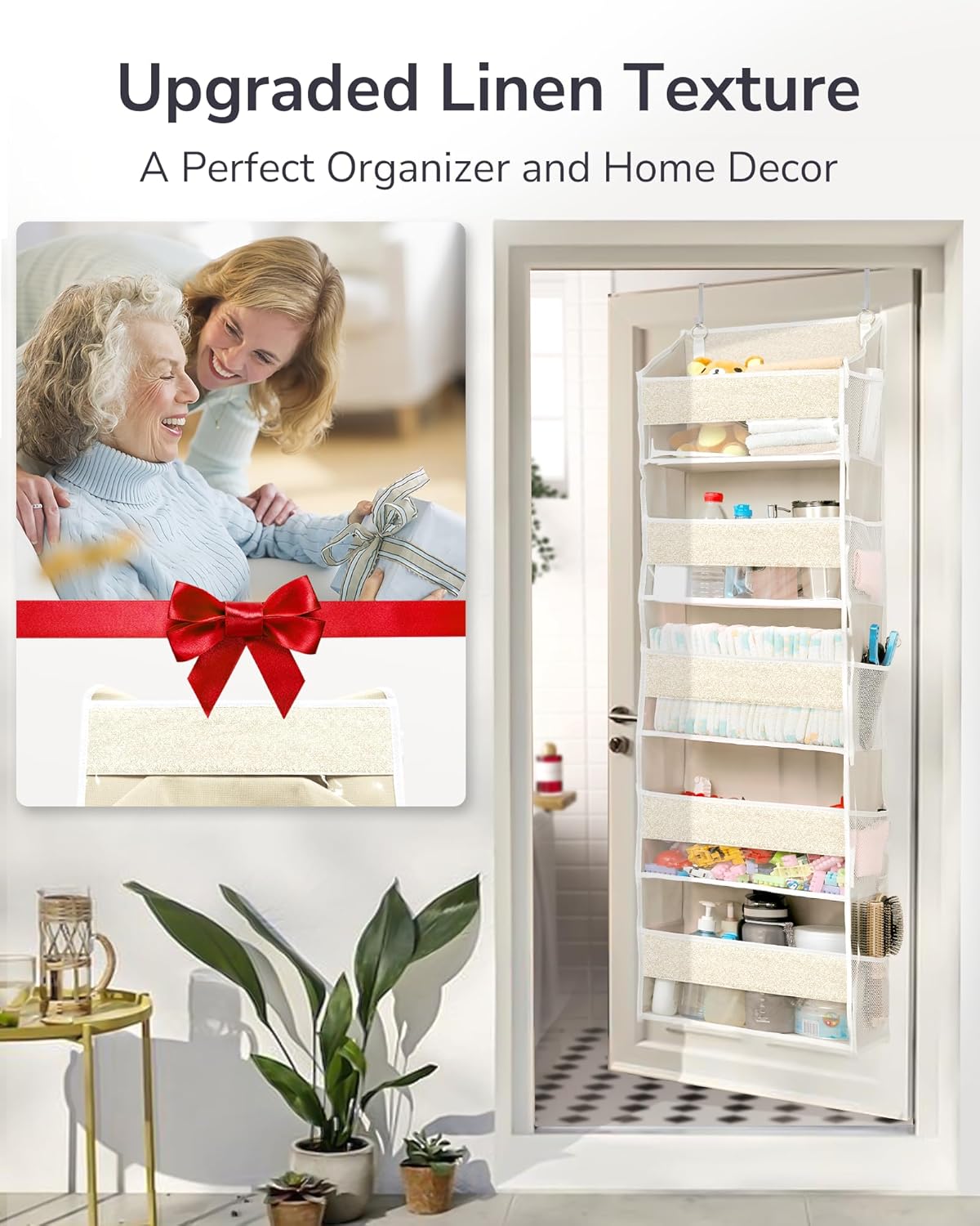 ULG 1 Pack Over Door Organizer with 5 Large Pockets 10 Mesh Side Pockets, Upgraded Linen Texture