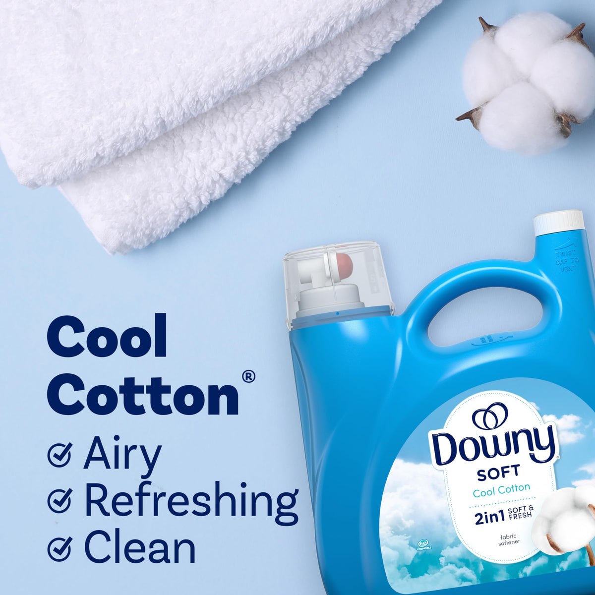 Downy Soft, 2 in 1 Soft and Fresh Liquid Fabric Softener, Cool Cotton, 140 fl oz, 190 Loads, Fabric