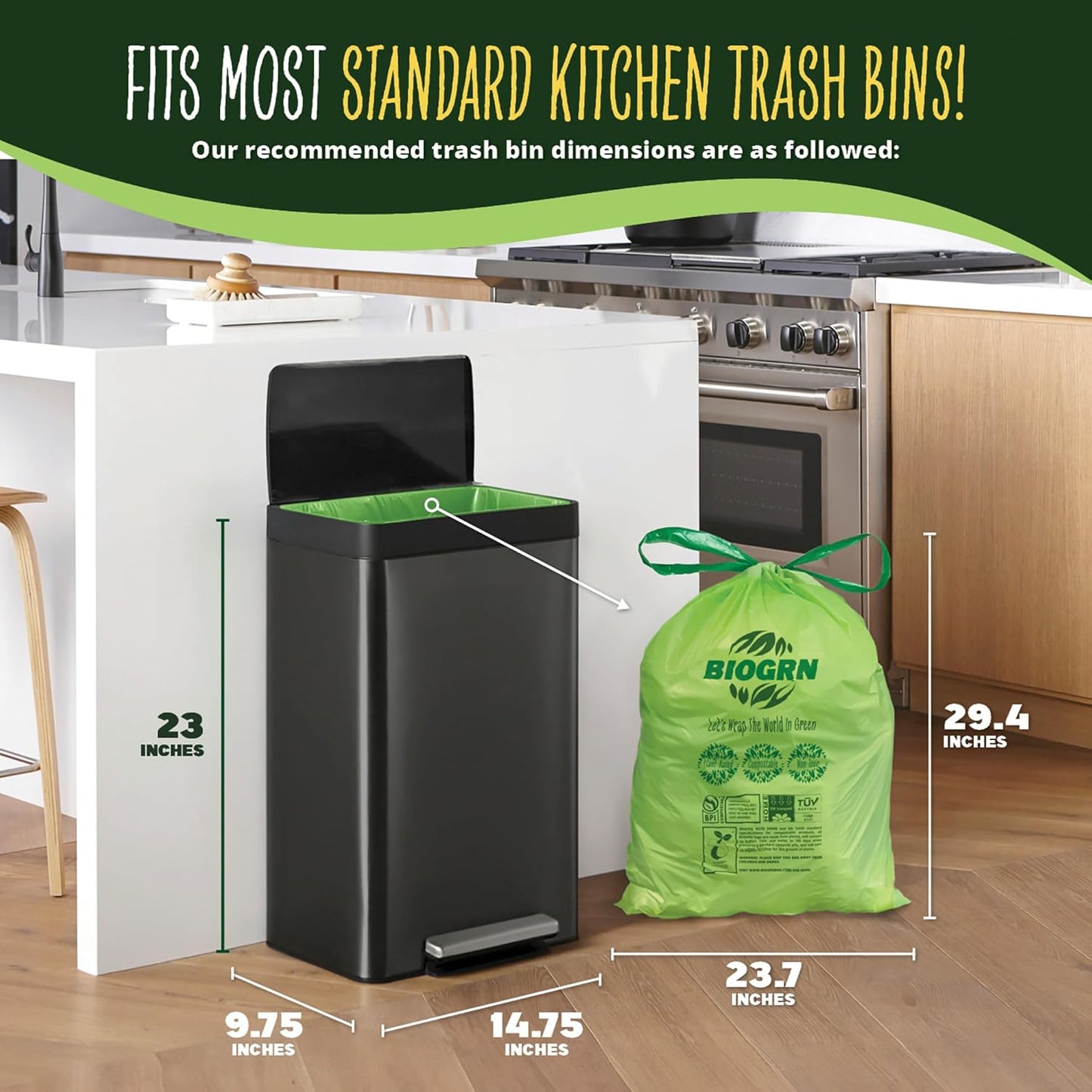 10-13 Gallon Compostable Trash Bags Drawstring 30 Bags Heavy Duty Extra Thick 1 Mil 49.21 Liter