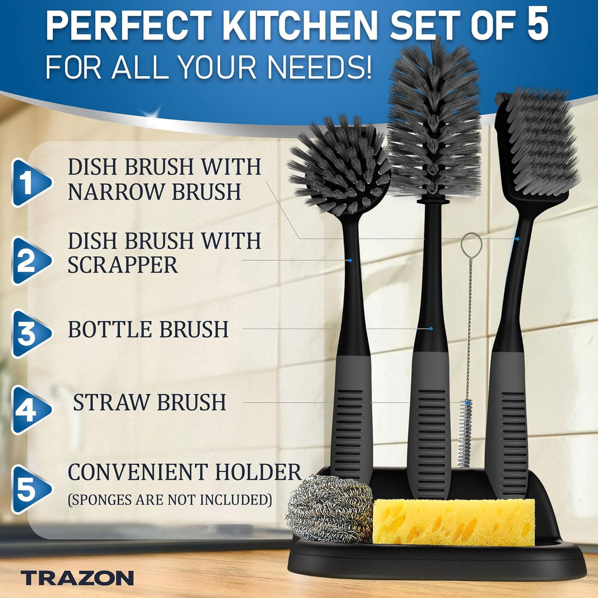 Dish Brush Set of 5 with Holder - Kitchen Scrub Brushes with Non-Slip Long Handle for Cleaning