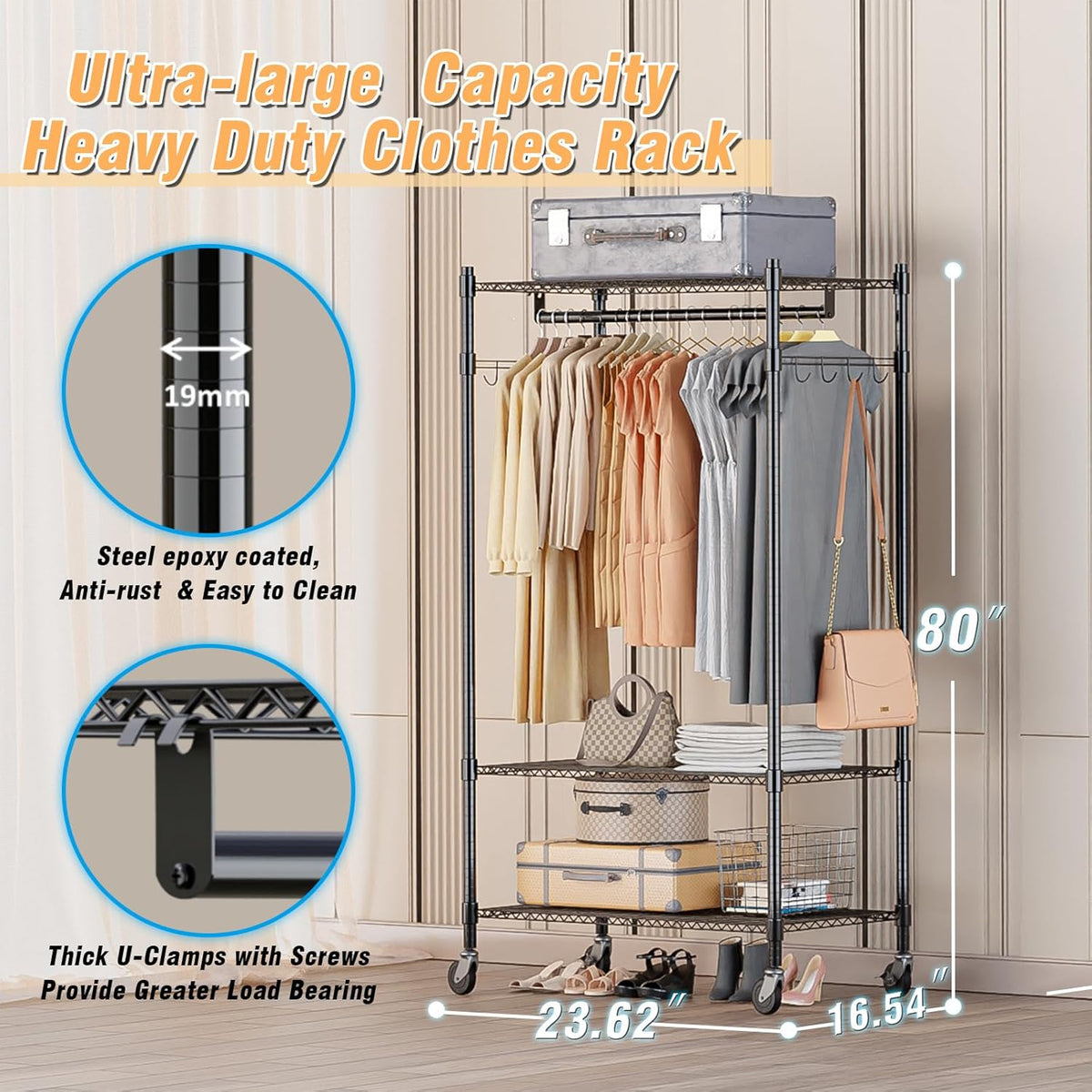 Homdox Heavy Duty Clothing Rack with 3 Tier Adjustable Wire Shelves, Garment Racks for Hanging