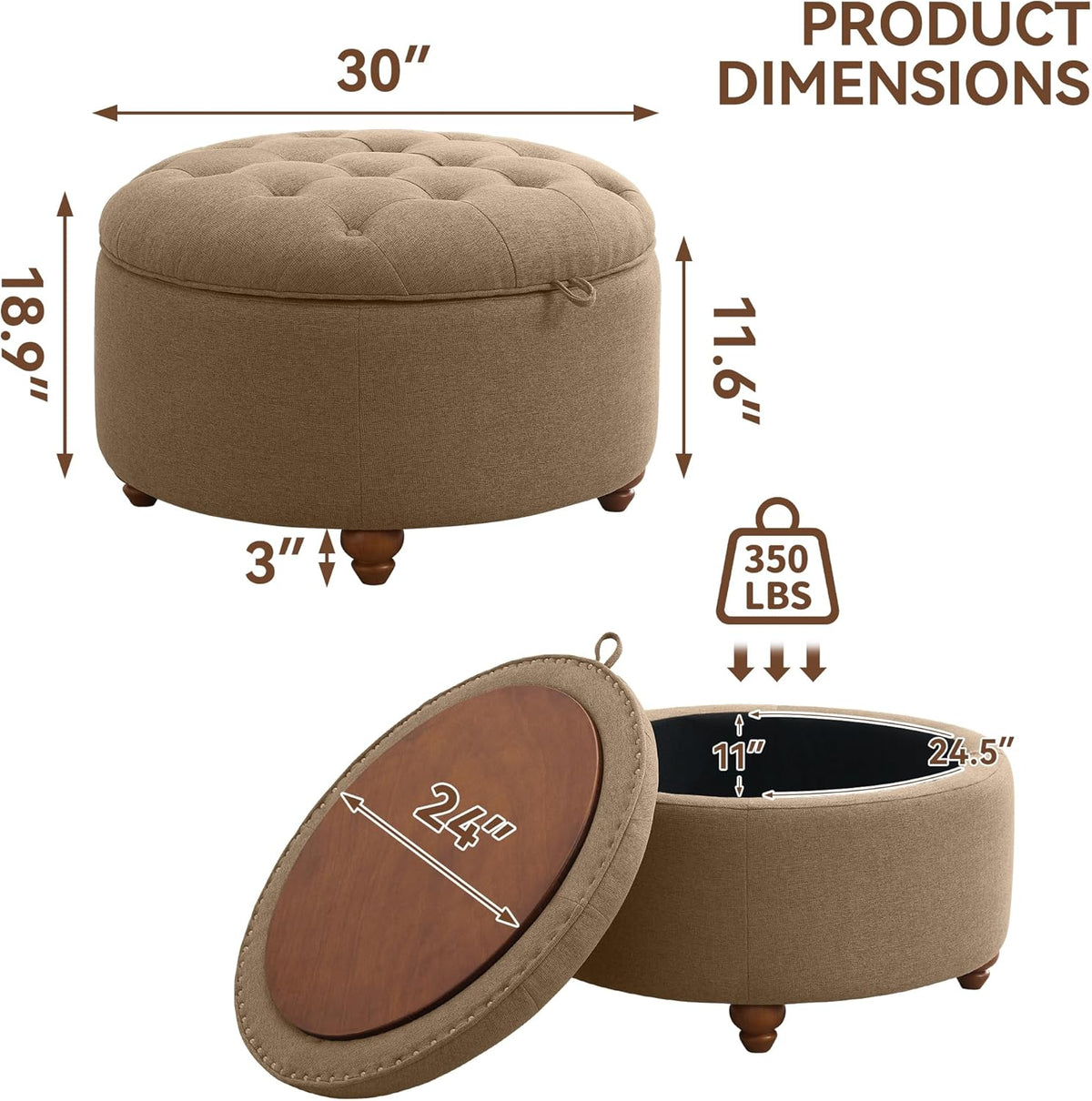 30Inch Round Storage Ottoman with Tray, Modern Tufted Fabric Circle Coffee Table with Storage