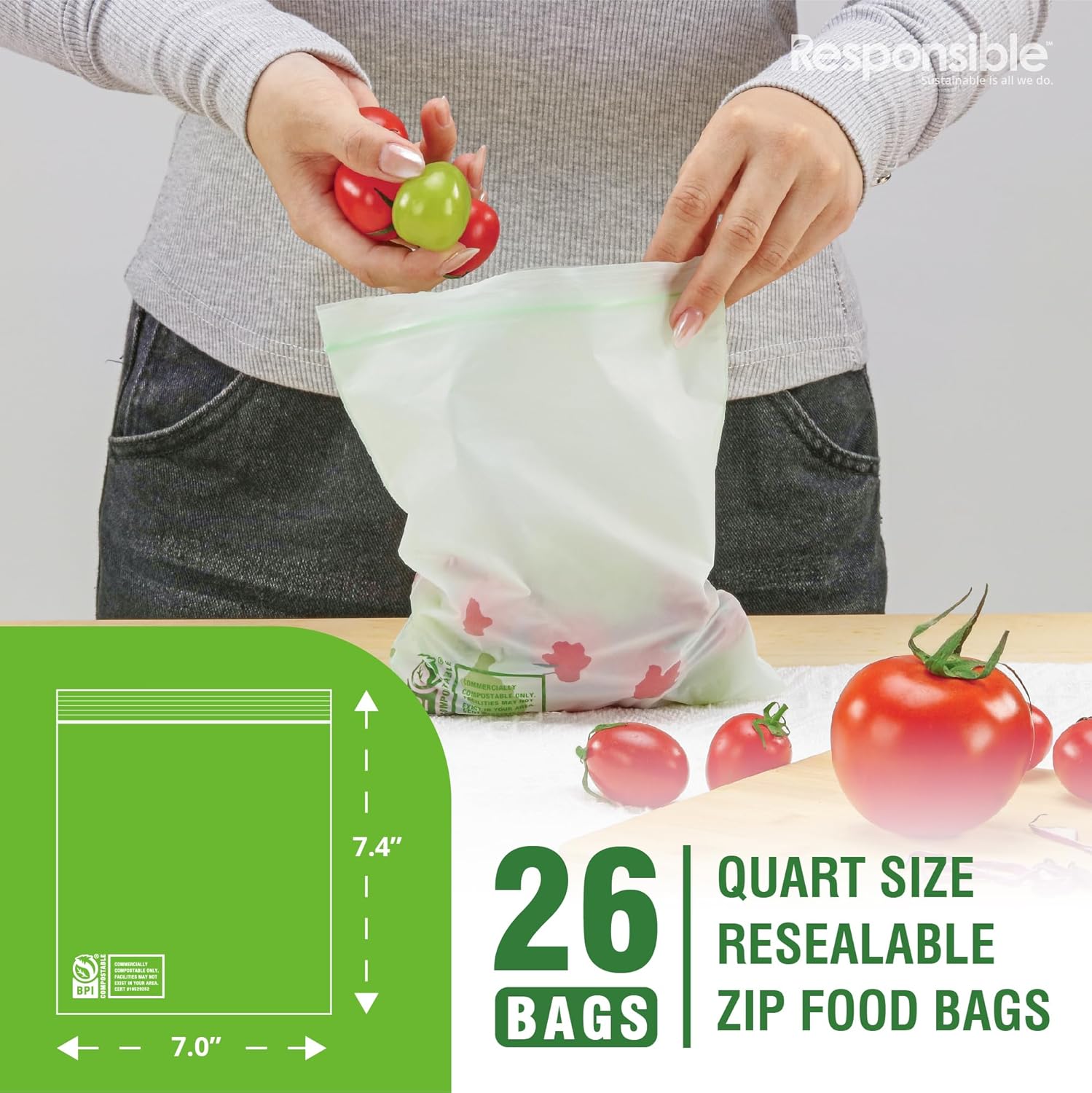 Responsible Products Certified Compostable QUART Resealable Zip Bag, Extra Strength Food Bags