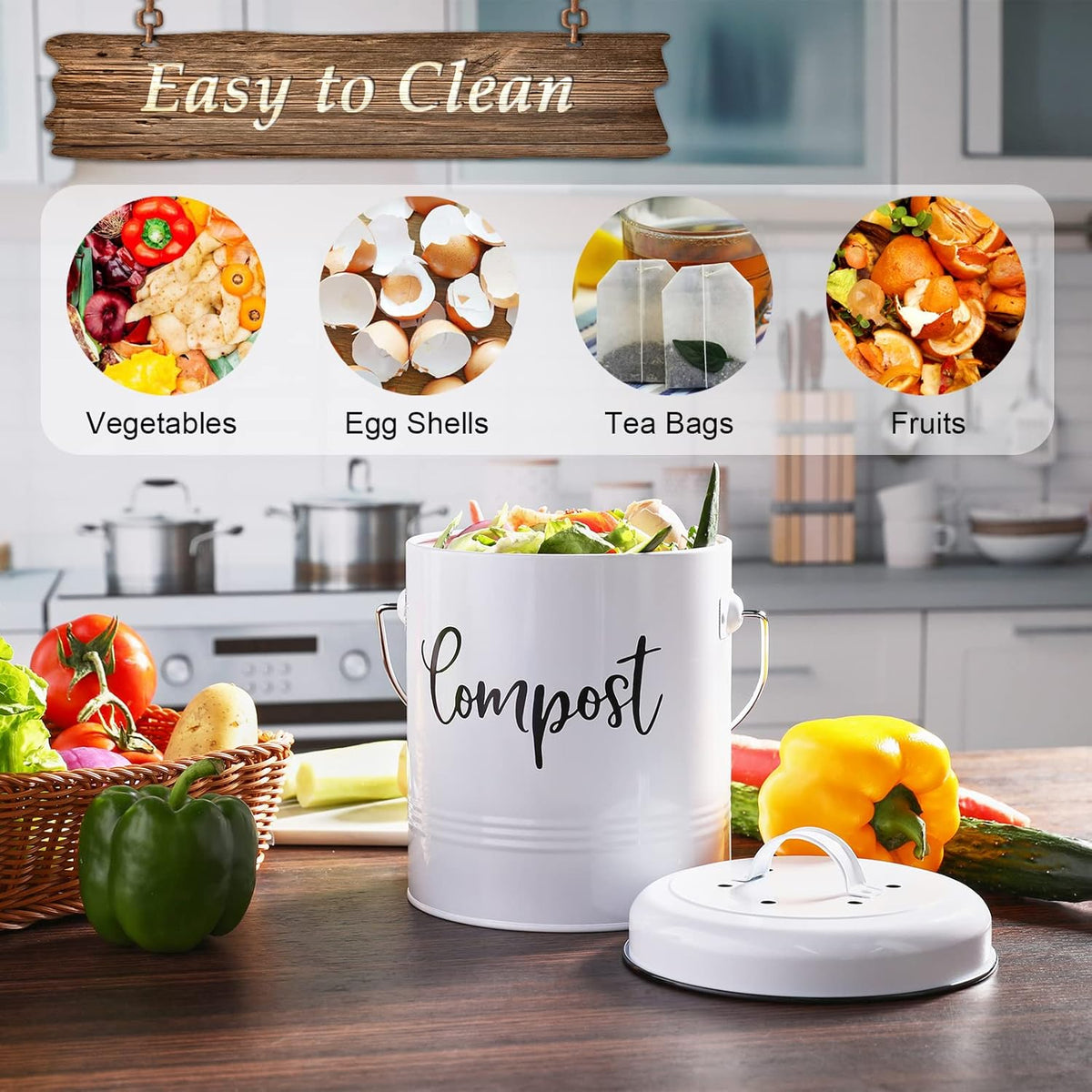 Compost Bin Kitchen, 1.3 Gallon Farmhouse Kitchen Compost Bin Countertop, Indoor Countertop Compost