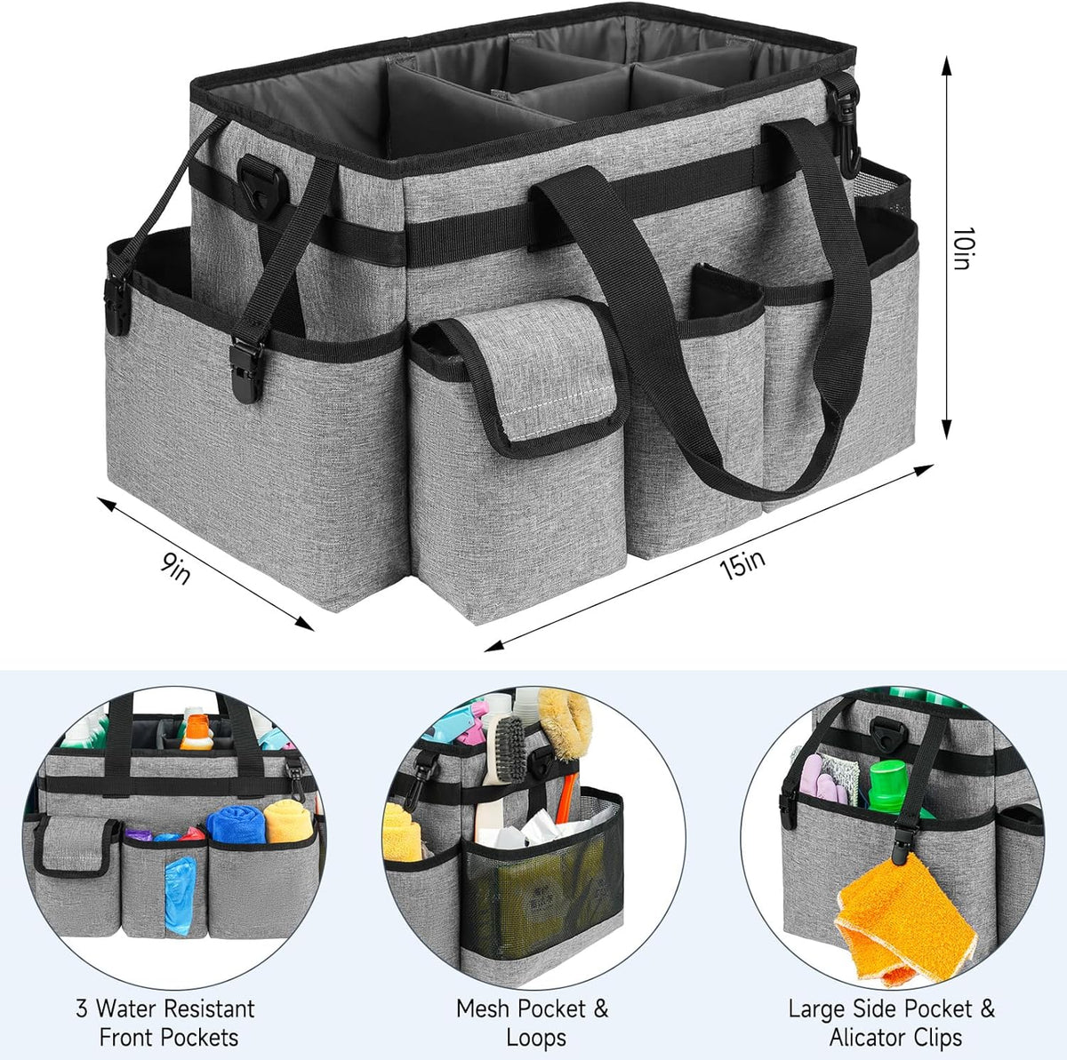 Cleaning Caddy Bag,Large Cleaning Supplies Organizer with Handle for Housekeepers,Gray