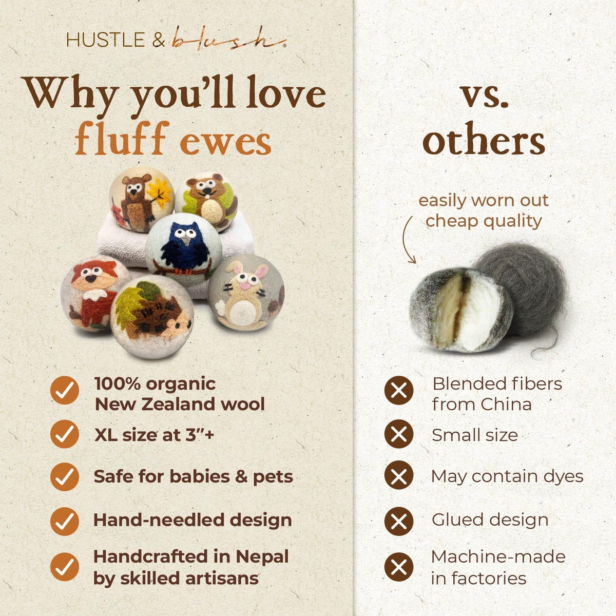 Fluff Ewes Wool Dryer Balls 6 Pack Premium New Zealand Wool Laundry Balls for Dryer, No Static