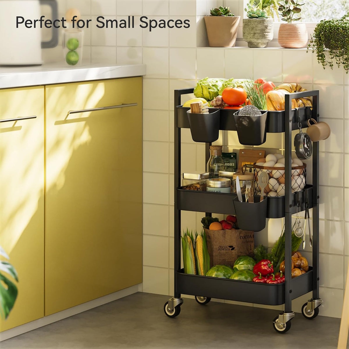 3 Tier Rolling Cart,Utility Cart with Locking Wheels, Hanging Cups & Hooks, Heavy Duty Metal