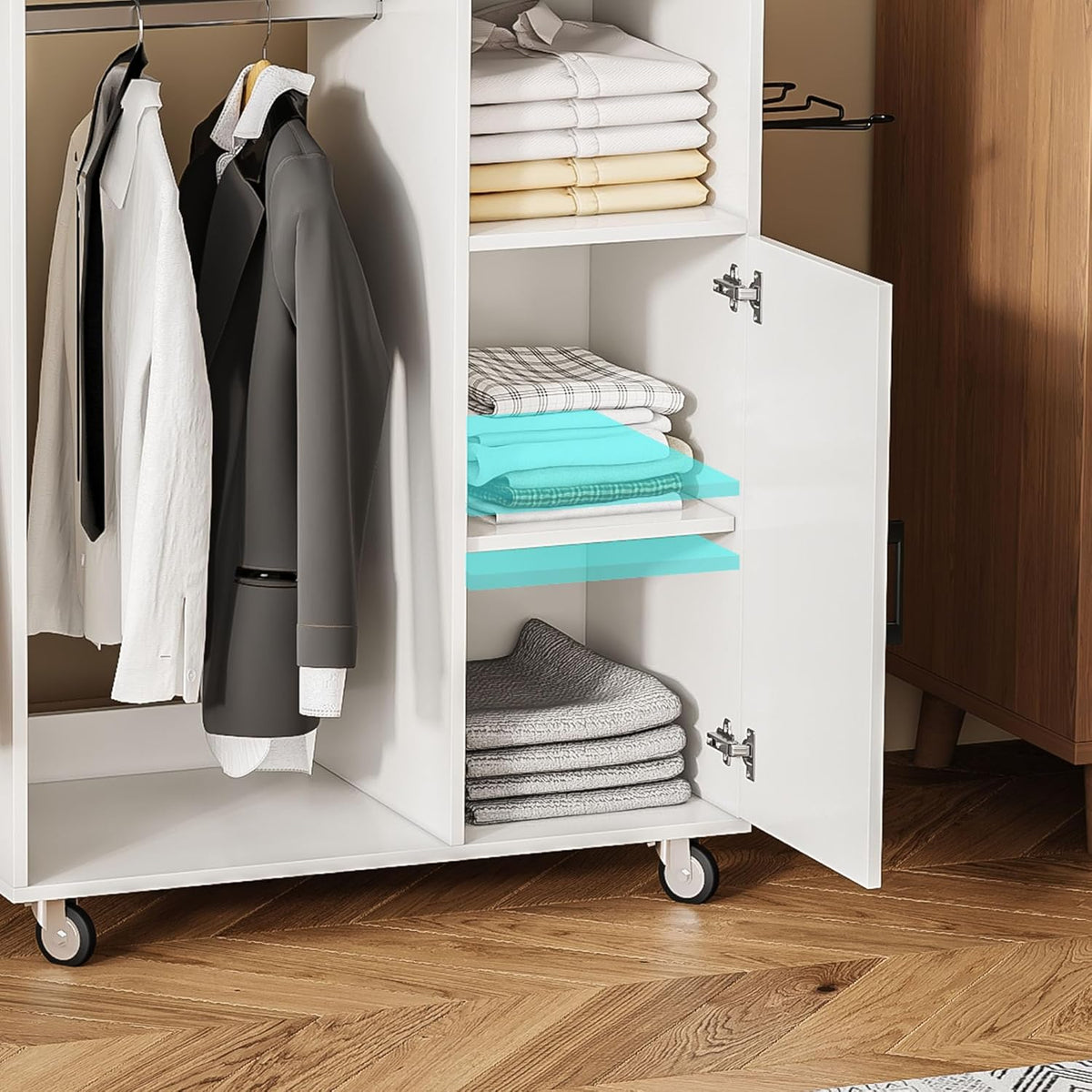 Rolling Ironing Board with Storage Cabinet, Multipurpose Wooden Ironing Cabinet with Wheels