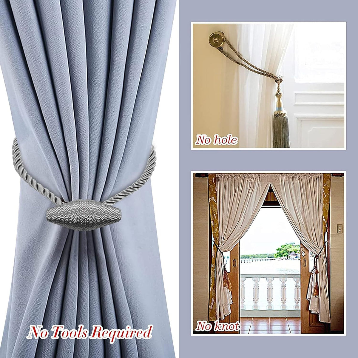 Hion Magnetic Curtain Tiebacks Grey 2pcs, Curtain Tiebacks Buckles Holdbacks Holders Hooks Clip for