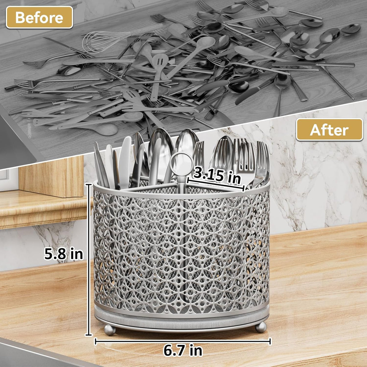 Rotating Utensil Holder for Kitchen - Silverware Caddy Fast-Drying Flatware Organizer 4 Compartment
