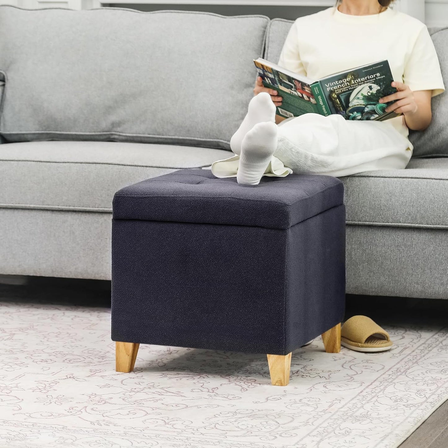 Adeco Fabric Storage Ottoman Bench with Solid Wood Legs, 17.7" Square Dark Grey Cotton Linen Cube