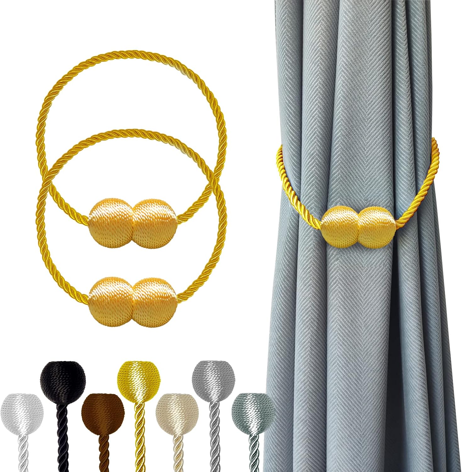 Hion Magnetic Curtain Tiebacks Golden 2pcs, Curtain Tiebacks Buckles Holdbacks Holders Hooks Clip