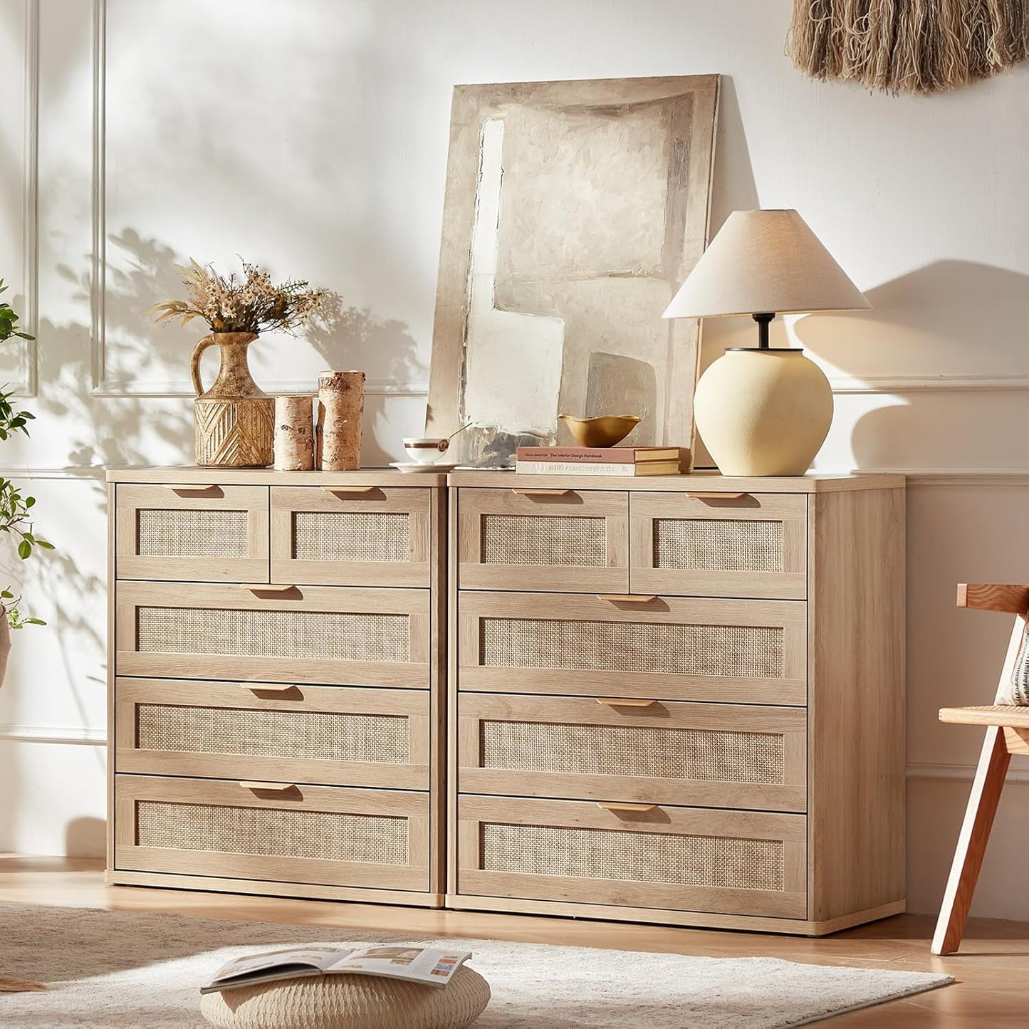 LEYAOYAO Rattan Dresser for Bedroom, 33.5" Tall Chest of Drawers, Modern 5 Drawers Boho Dressers