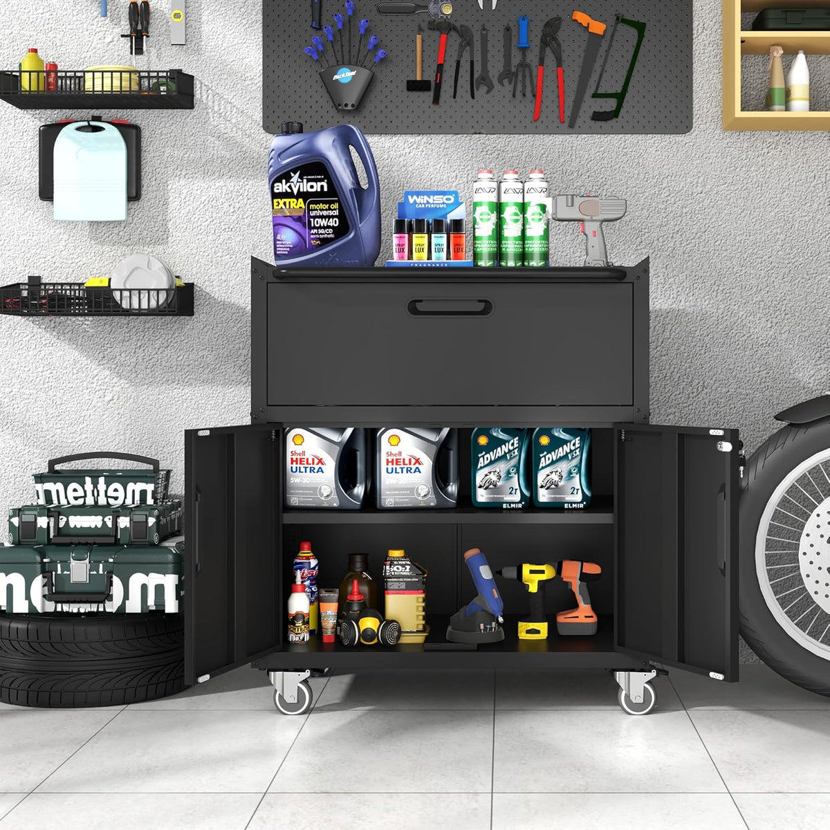Metal Storage Cabinet with Wheels, Lockable Garage Cabinet with 2 Doors and 1 Drawer, Rolling Tool