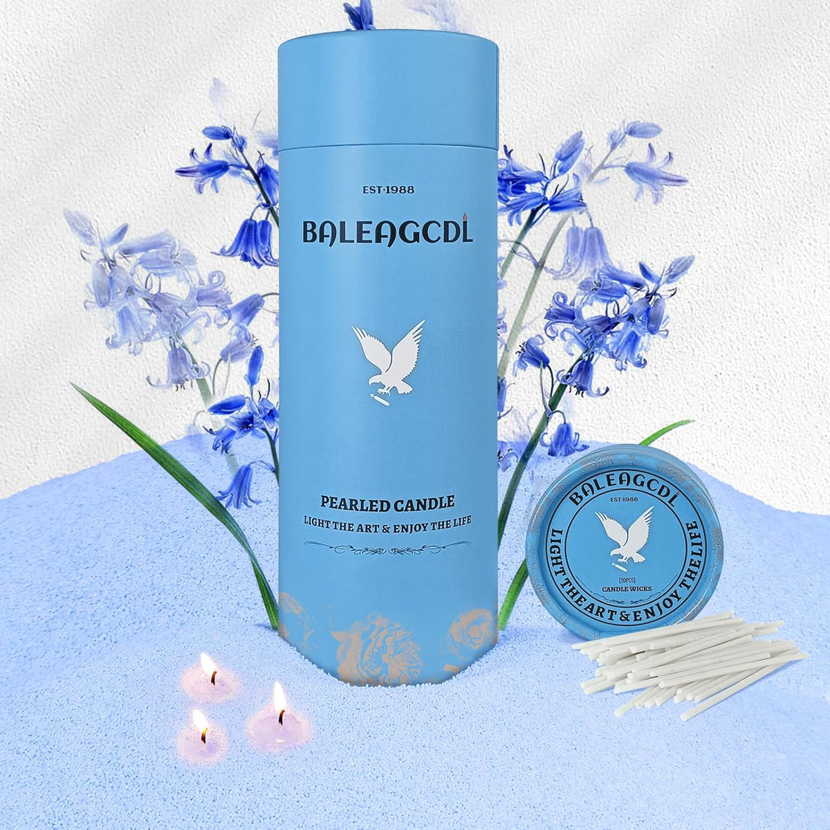 Bluebell Scented Light Blue Pearled Candle 18oz Luxury Sand Candle Granulated Wax - 30 Cotton Wicks