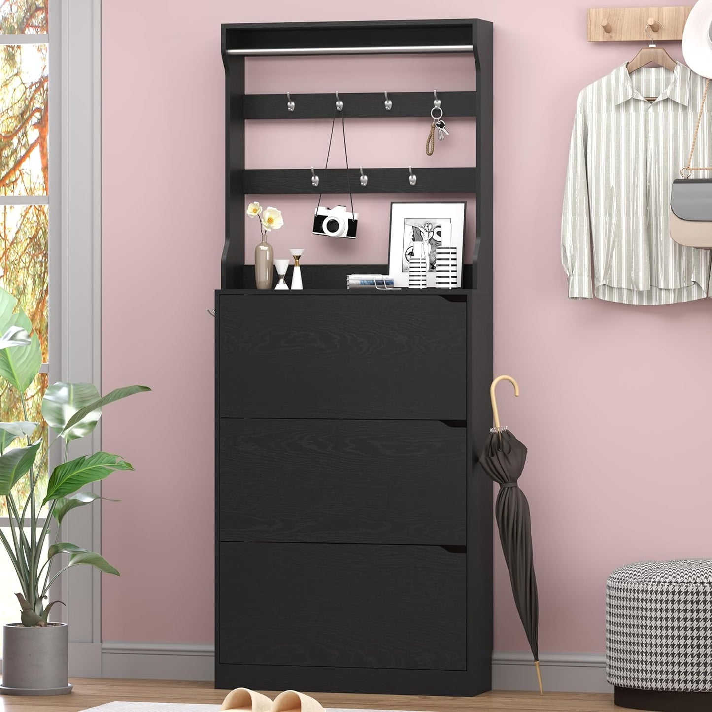 Shoe Cabinet with 3 Flip Drawers & Coat Rack, Narrow Hidden Shoe Storage Cabinet, 2-in-1 Hall Tree
