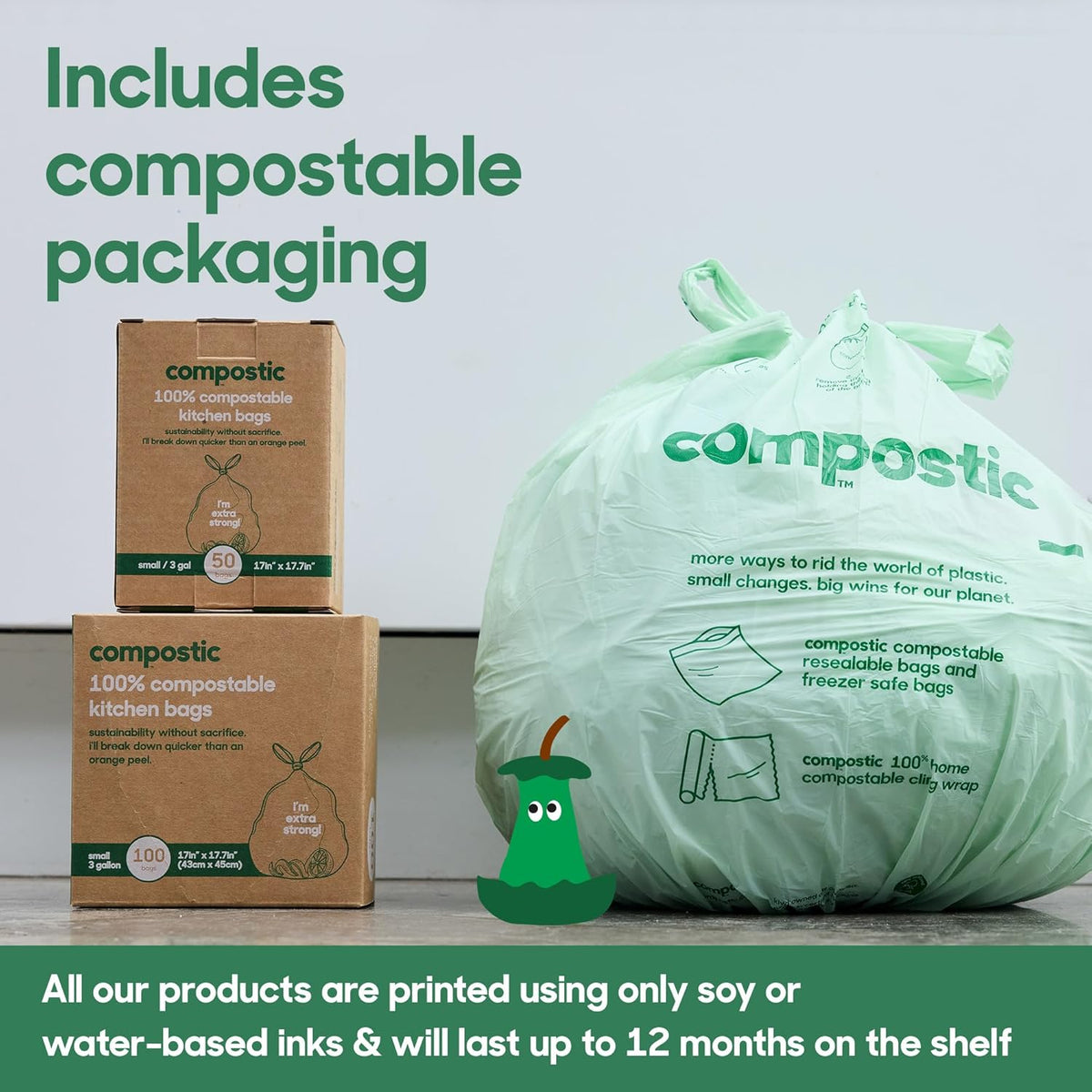 Compostic Home Compostable Trash Bags, 3 Gallon Small Kitchen Rubbish Bags (17” x 17.7”), Extra