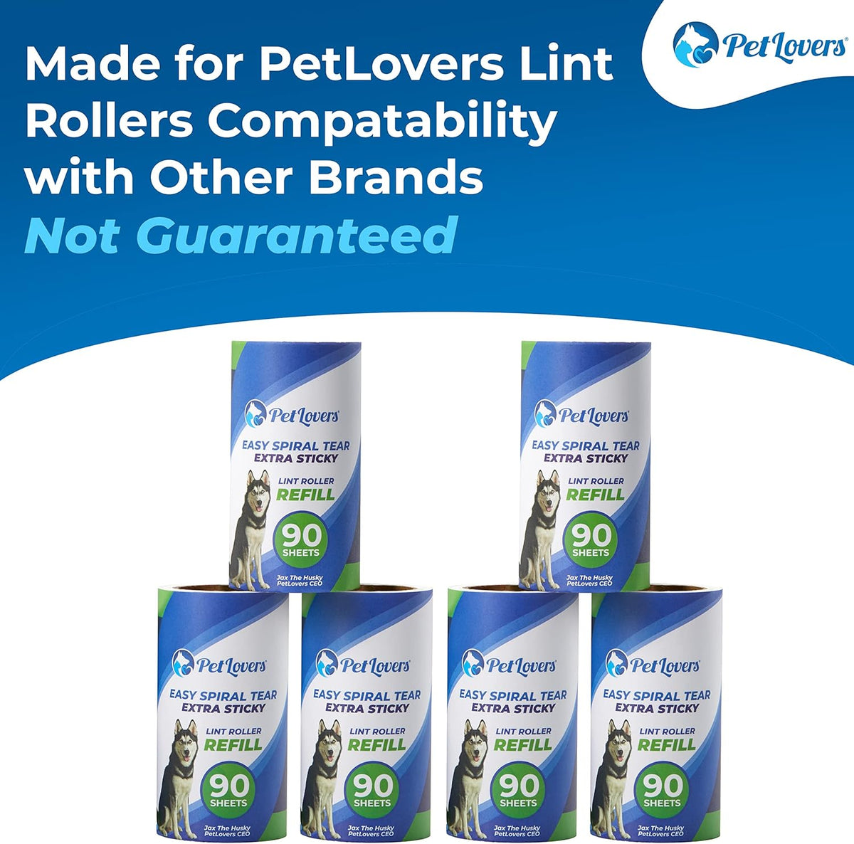 PetLovers Extra Sticky Lint Roller 6 Pack of Refills Only - No Handle Included - 90 Sheets Per