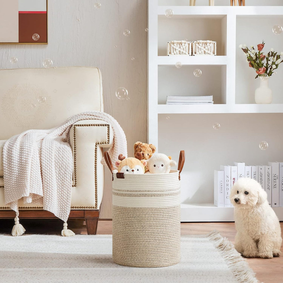 VIPOSCO Small Laundry Basket, Slim Baby Hamper with Leather Handle, Cute Woven Rope Storage Basket