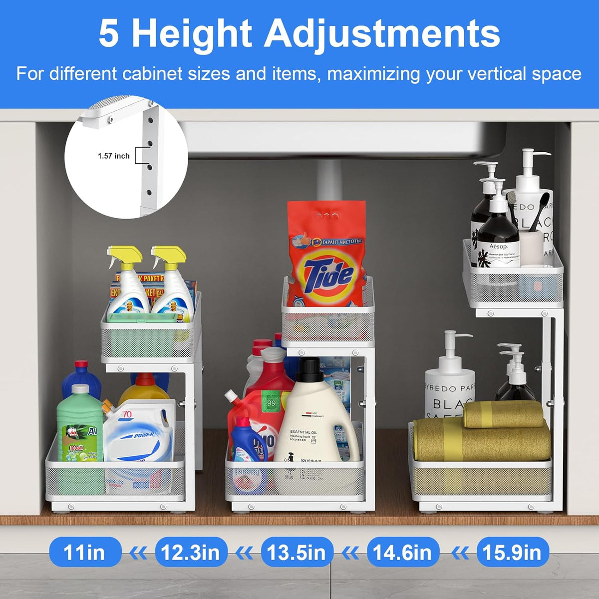Under Sink Organizer, High Adjustable 2 Tier Under Sink Organizers and Storage, Slide Out Metal