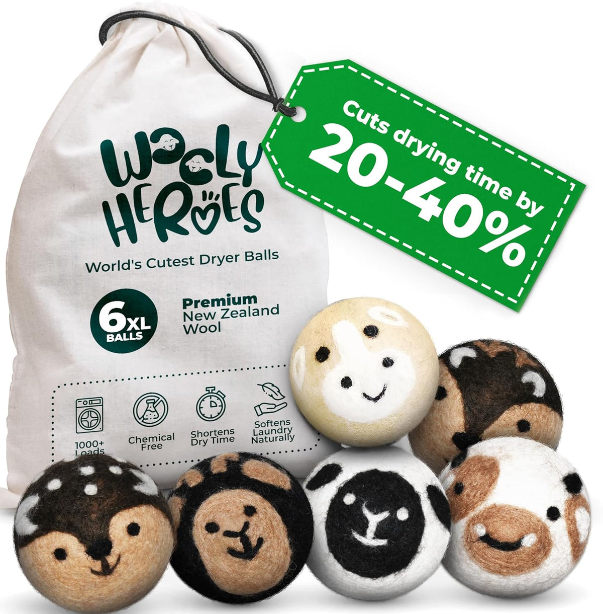 No More Dryer Sheets! Reusable Wool Dryer Balls XL 6-Pack - Reduces Static, Cuts Dry Time, &