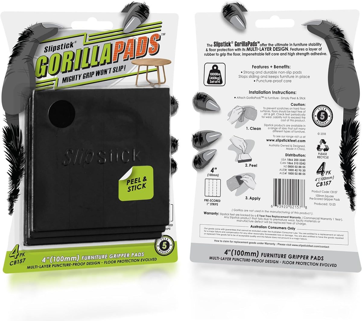 Slipstick GorillaPads Non Slip Furniture Pads/Gripper Feet Floor Protectors (Set of 4) Premium 4
