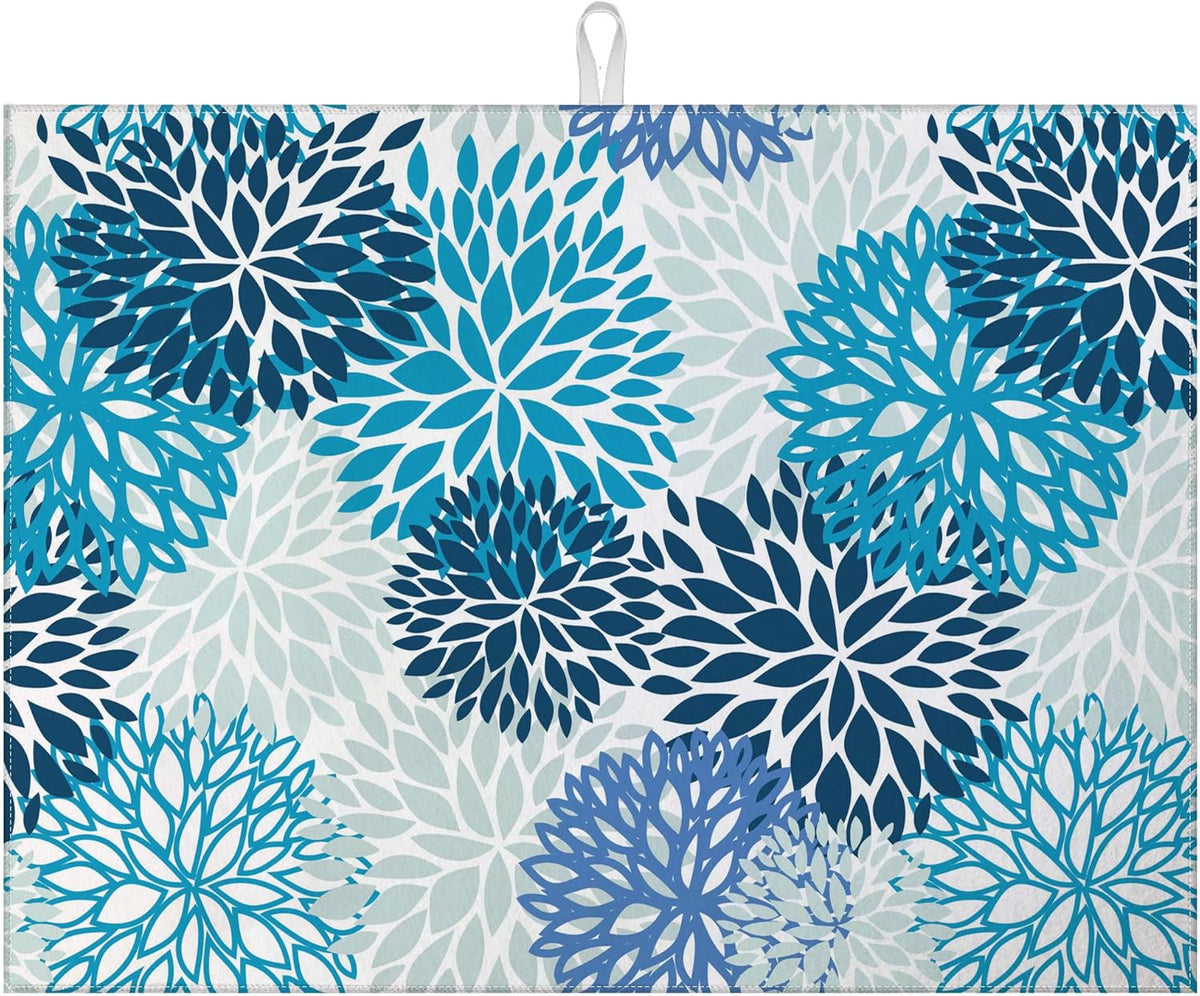 Blue Floral Dish Drying Mat for Kitchen Counter Microfiber Absorbent Dish Kitchen Drying Mat