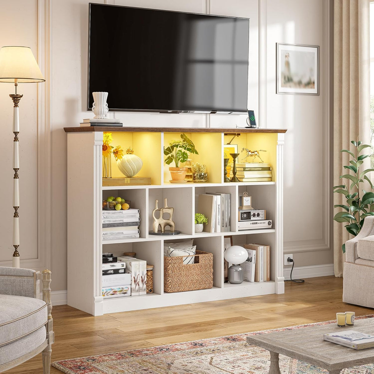EnHomee 10 Cube Storage Organizer with LED Light and Charging Station Wood Cube Shelf White