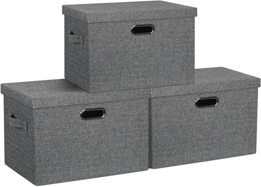Large 17" 36 Quart Collapsible Stackable Storage Bins with Lids, 3 Packs Black and White Mix Linen