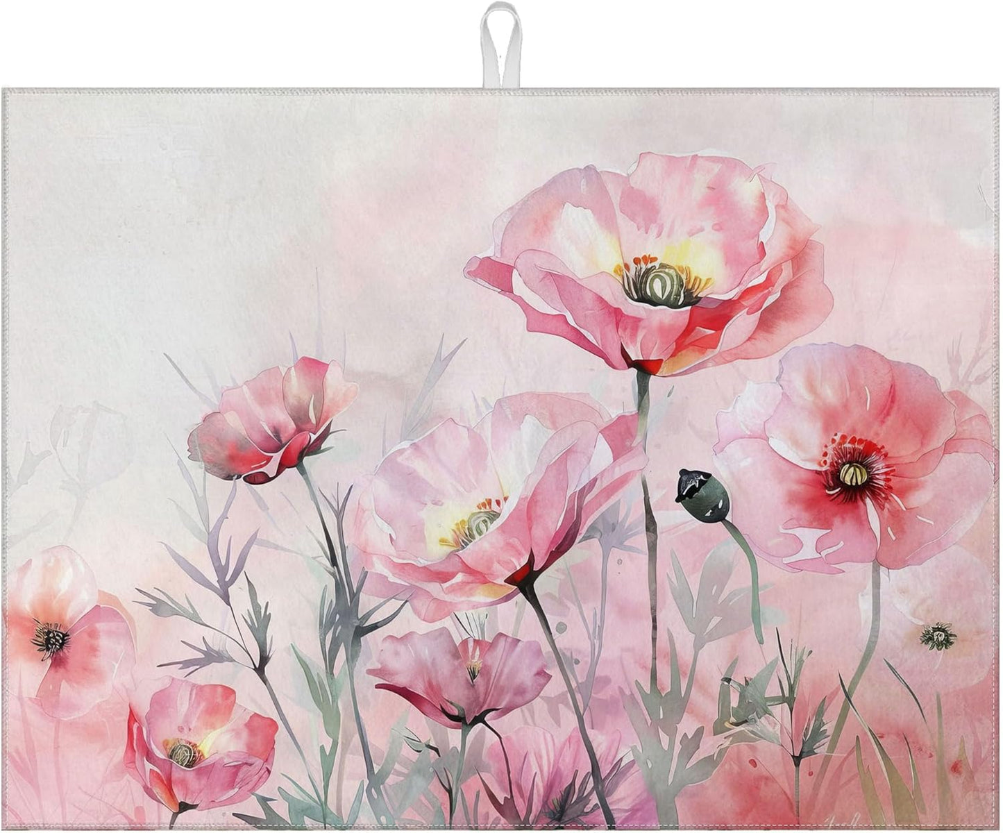 Pink Poppy Flower Dish Drying Mat for Kitchen Counter Microfiber Absorbent Dish Kitchen Drying Mat