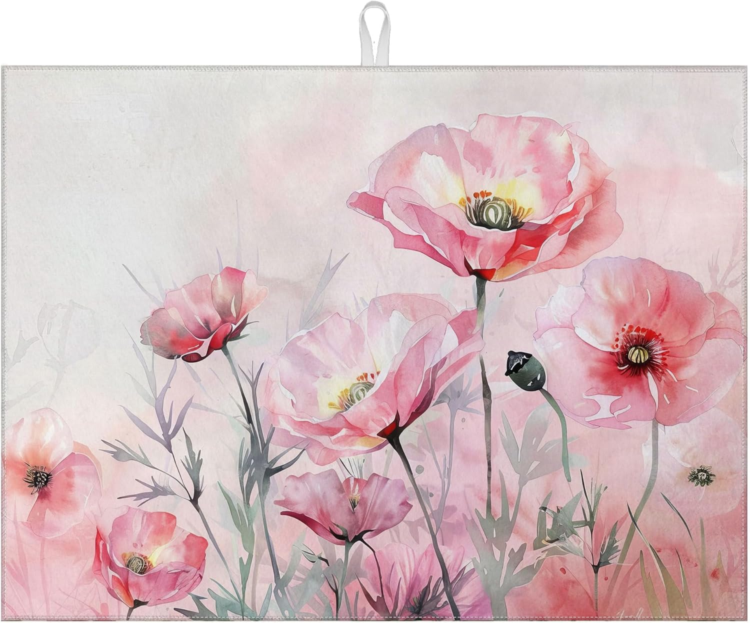 Pink Poppy Flower Dish Drying Mat for Kitchen Counter Microfiber Absorbent Dish Kitchen Drying Mat