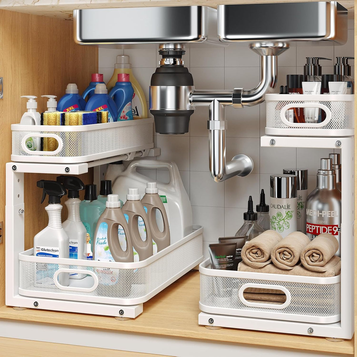 2 Pack Under Sink Organizer With Smooth Cylindrical Rail,2-Tier Pull Out Multi-Purpose Cabinet