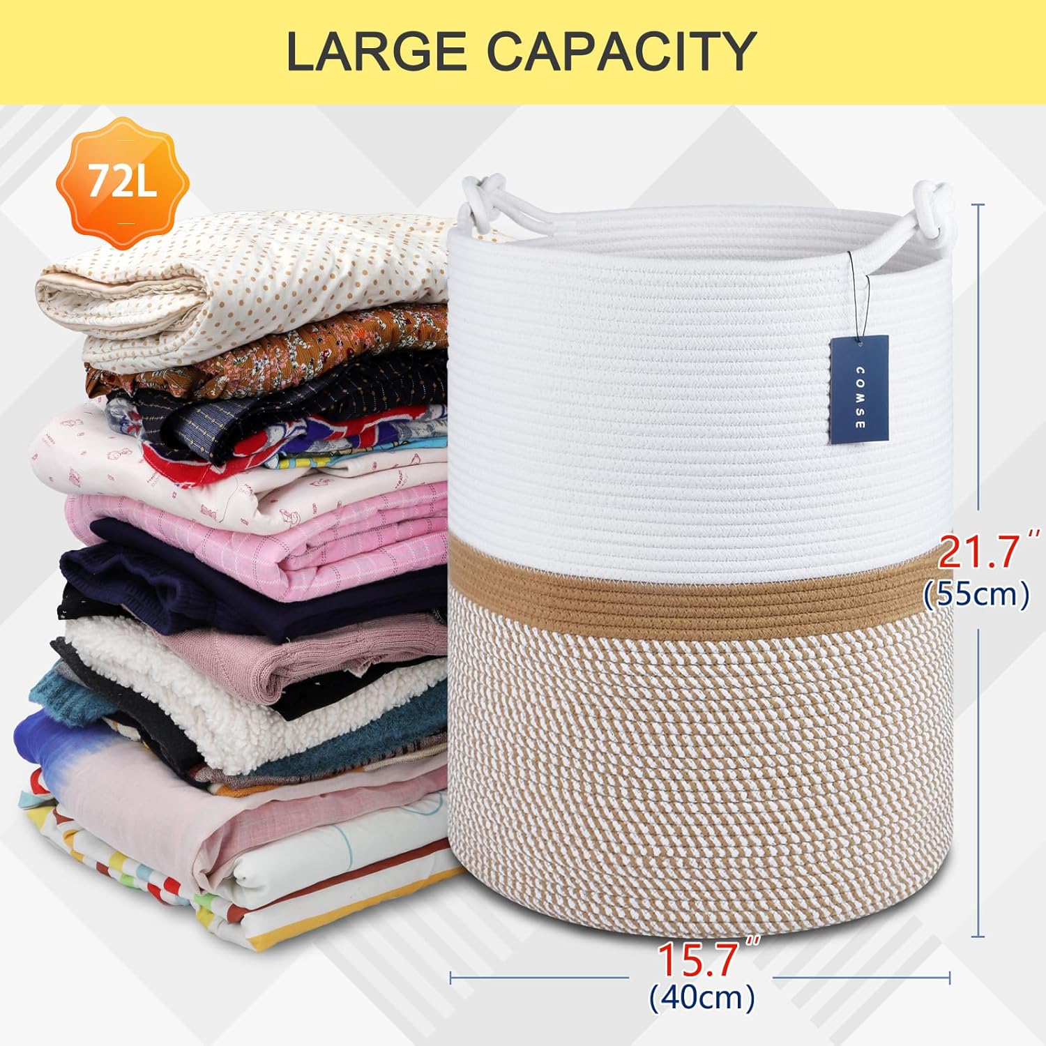 COMSE Extra Large Blanket Basket, Tall Woven Storage Basket, Nursery Hamper, 15.7”x 21.7”, Cotton