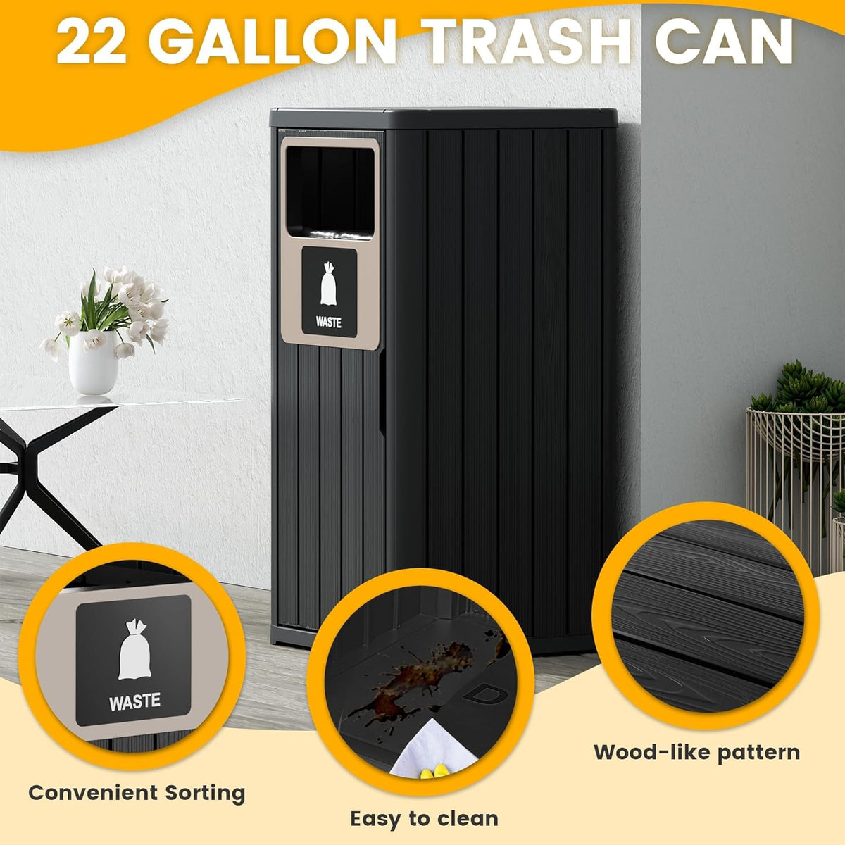 22 Gallon Outdoor Trash Can Waterproof Resin Patio Garbage Can for Outdoor Trash Bin for Patio