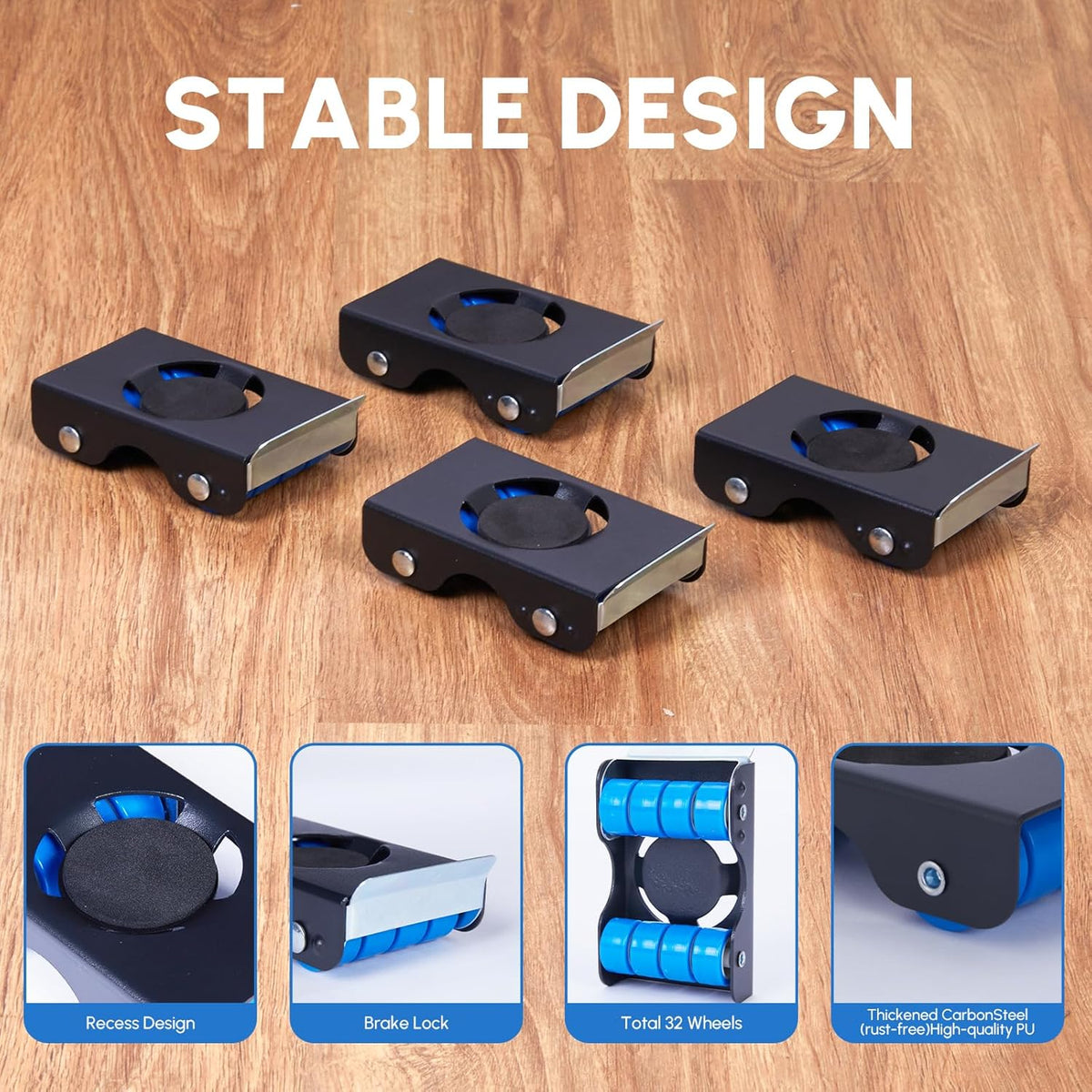 Furniture Sliders, Furniture Movers with Wheels 700LBS- 4 Metal Slider with Anti-Slip Pad（4 Brakes