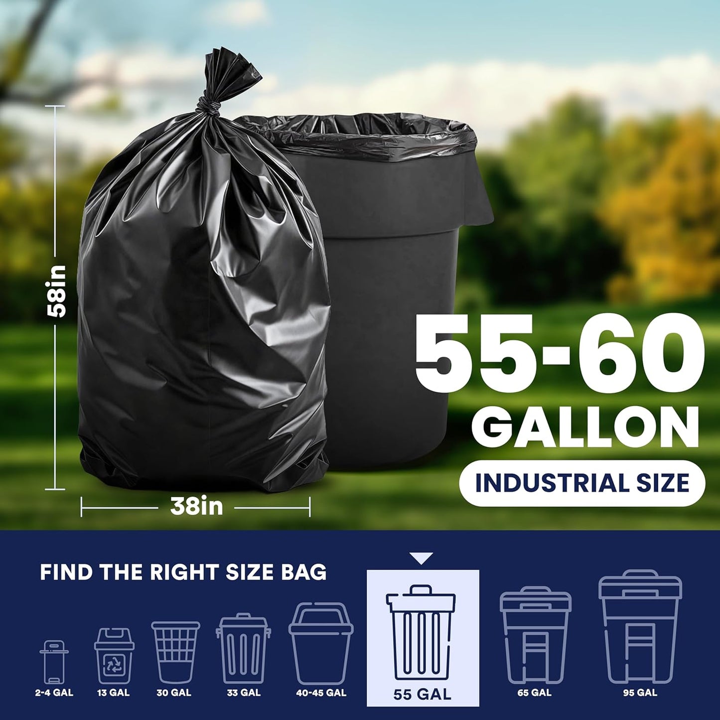 Plasticplace 55-60 Gallon Trash Bags │ 1.0 Mil │ Black Heavy Duty Garbage Can Liners │ 38” x 58”