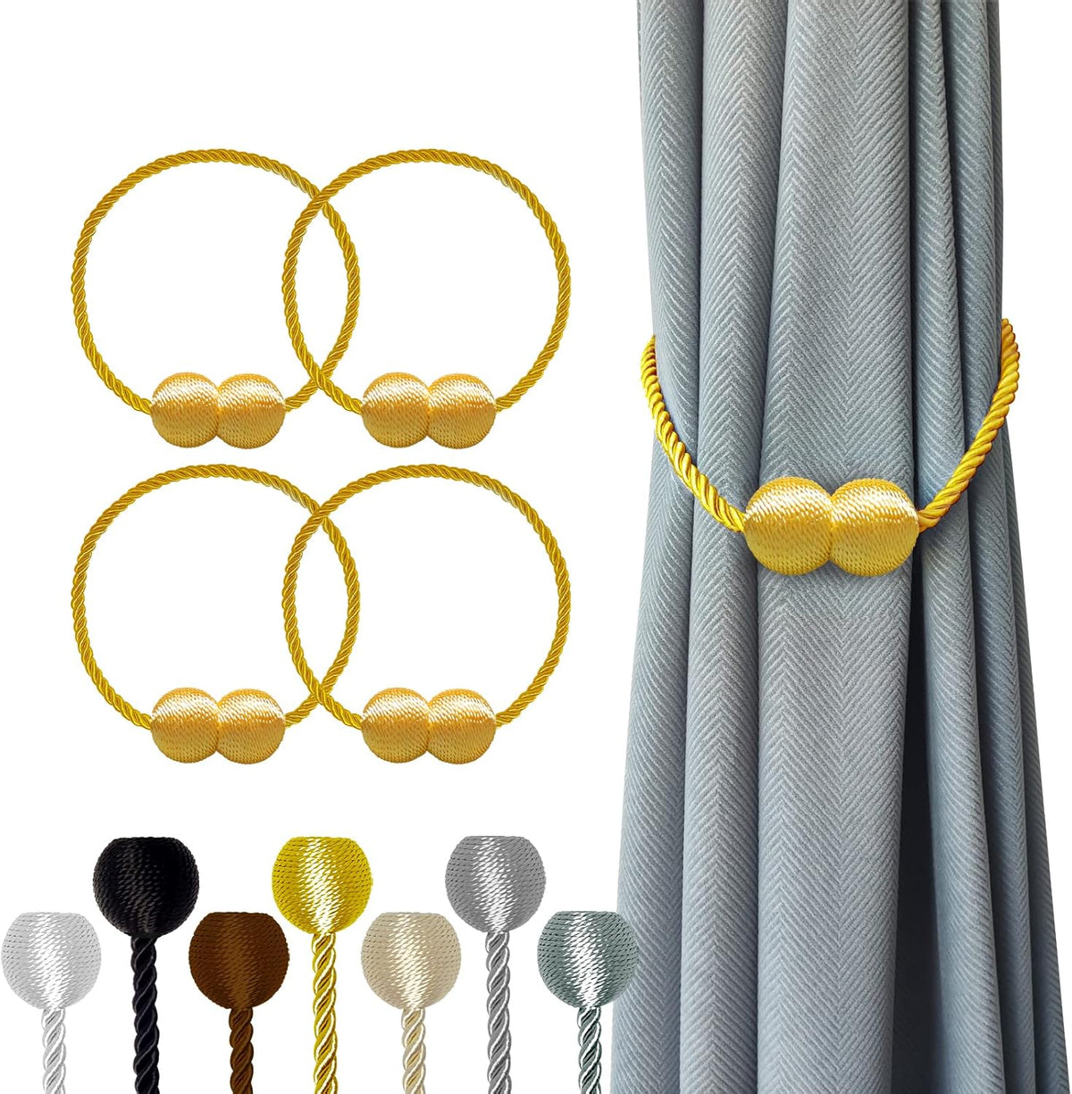 Hion Magnetic Curtain Tiebacks Golden 4 Pack, Curtain Tiebacks Buckles Holdbacks Holders Hooks Clip