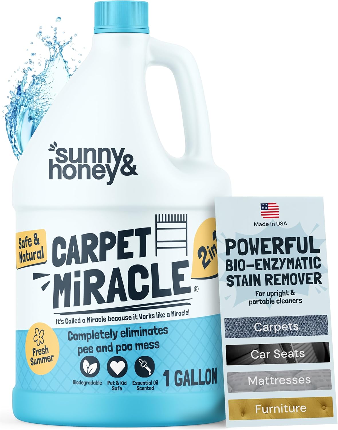 Sunny & Honey Carpet Cleaner Solution - 128 Fl Oz, Fresh Summer Scent - Deep Stain Remover &