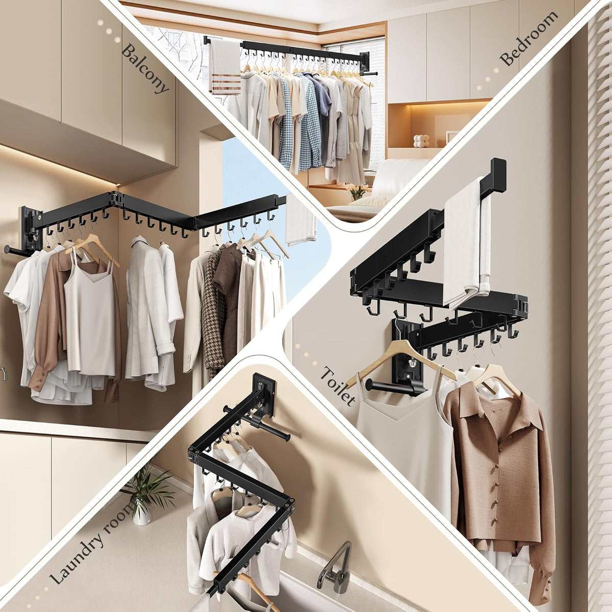 Wall Mounted Collapsible Clothes Drying Rack, Space-Saving Laundry Drying Rack Clothing Hanger
