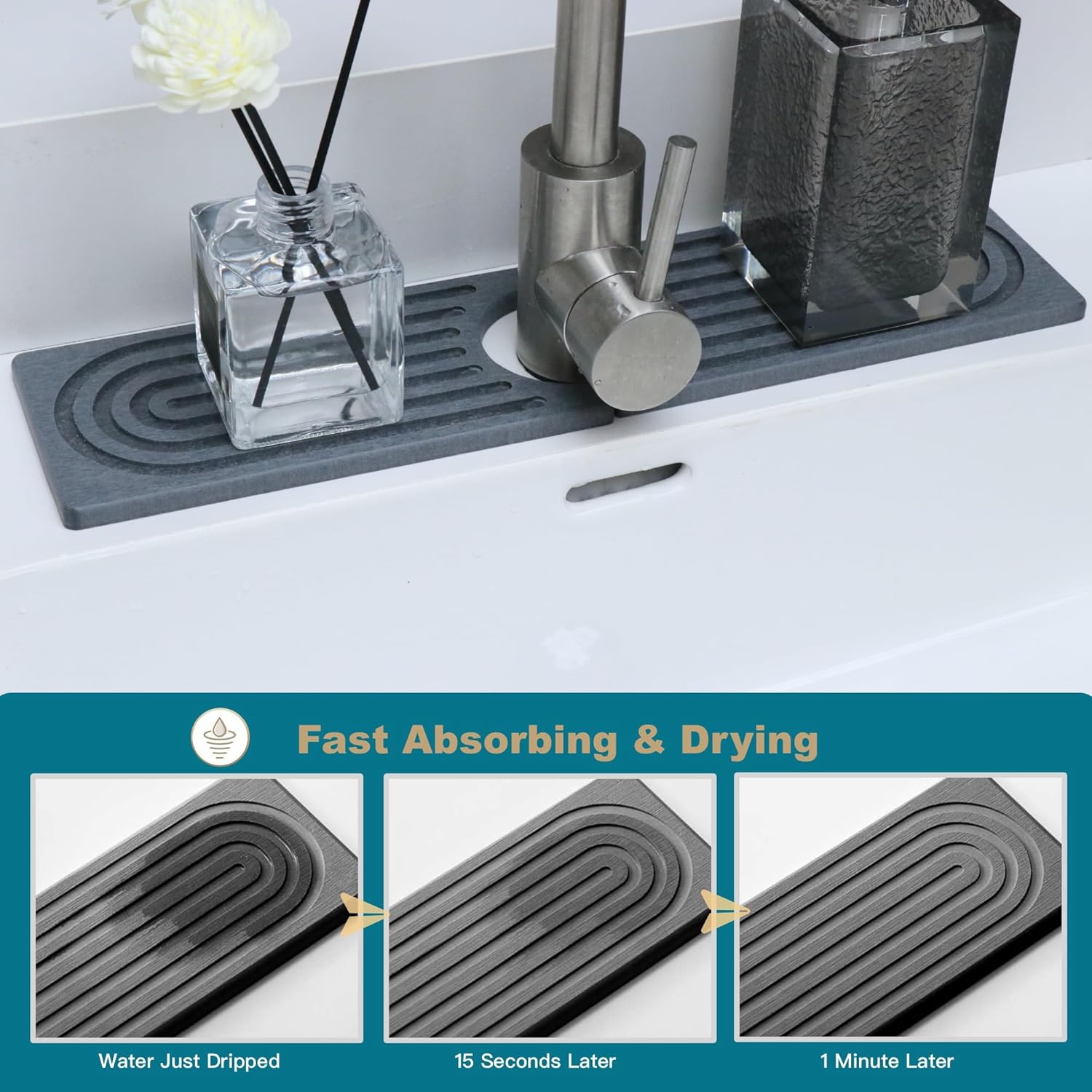 Stone Drying Mat for Kitchen Counter, Faucet Mat for Kitchen Sink, Diatomite Quick Drying Tray