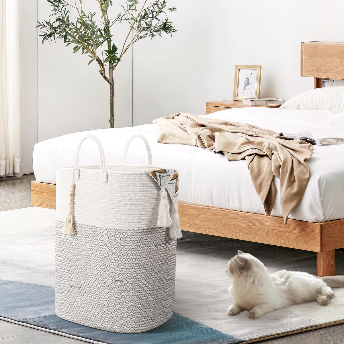 Woven Laundry Basket for Clothes, 50 L Large Rectangle Laundry Hampers with Beads Tassel, Nursery